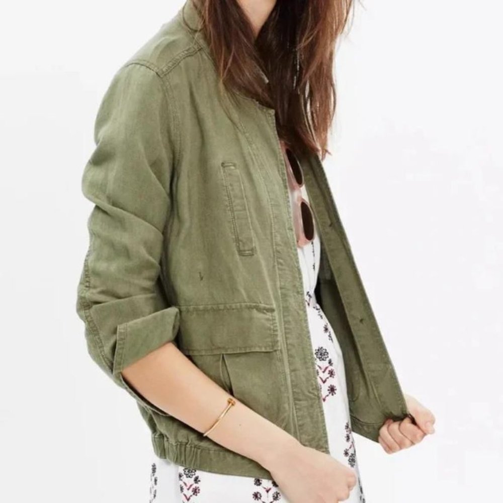 Madewell Jacket Womens Size XS Linen Blend Utility Cargo Pockets Green button up